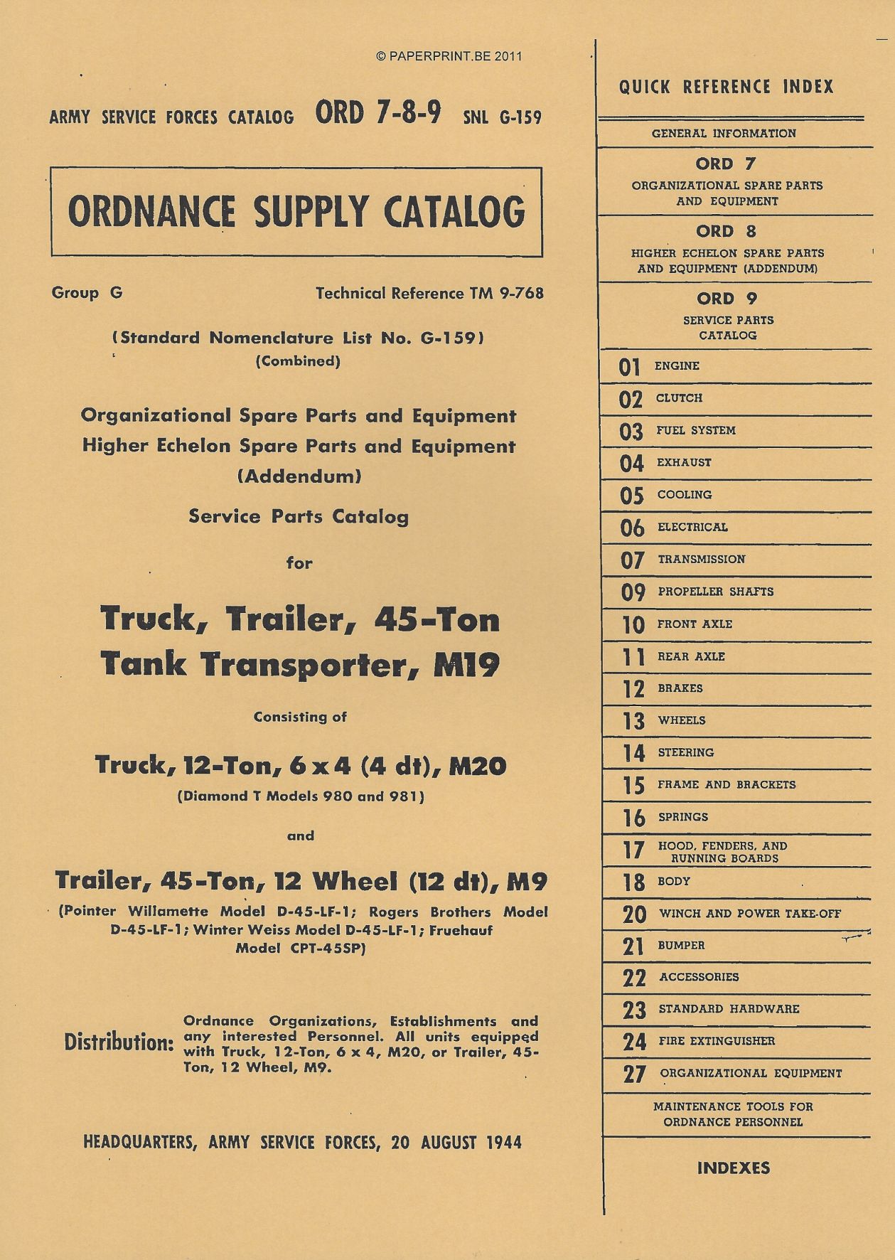 SNL G-159 US PARTS LIST FOR TRUCK, TRAILER, 45 TON, TANK TRANSPORTER, M19
